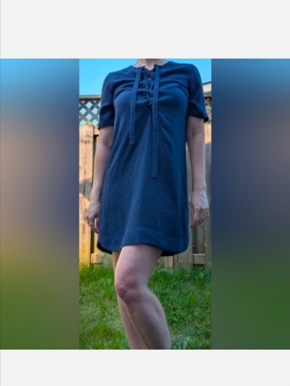 Navy Lace-Up Short Sleeve Shift Dress